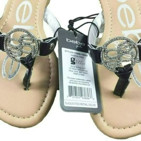 Bebe Kids Girls Shoes Black Rhinestone Logo Flip Flop Sandals New Size 12 - Picture 4 of 5